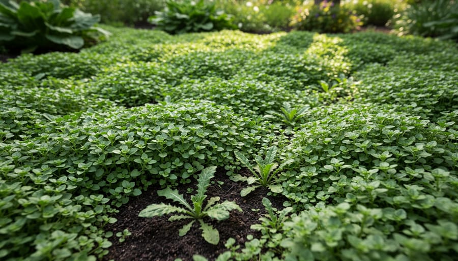 Dense ground cover plants filling garden bed to prevent weed growth