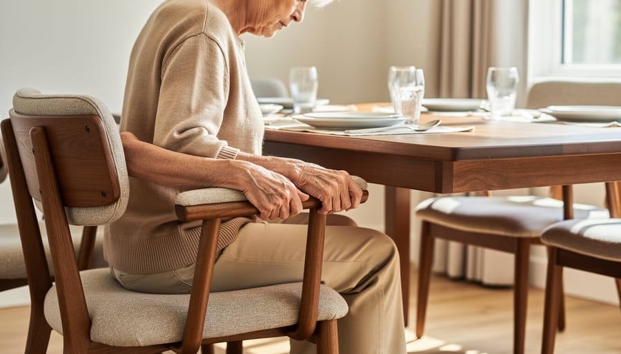 Senior man's hands using dining chair armrests for support while standing