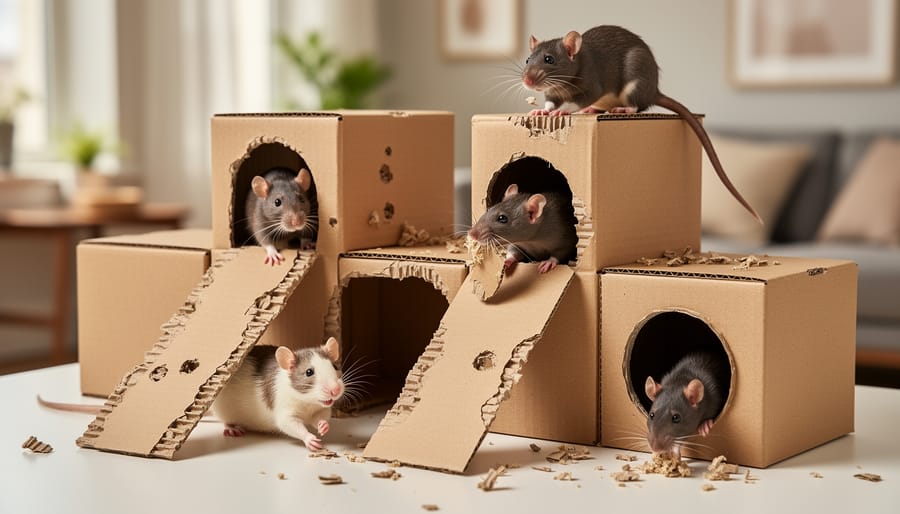 Pet rat exploring homemade cardboard maze with multiple tunnels and openings