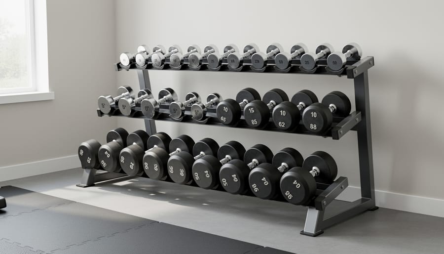 Three-tier dumbbell rack with organized weights arranged by size