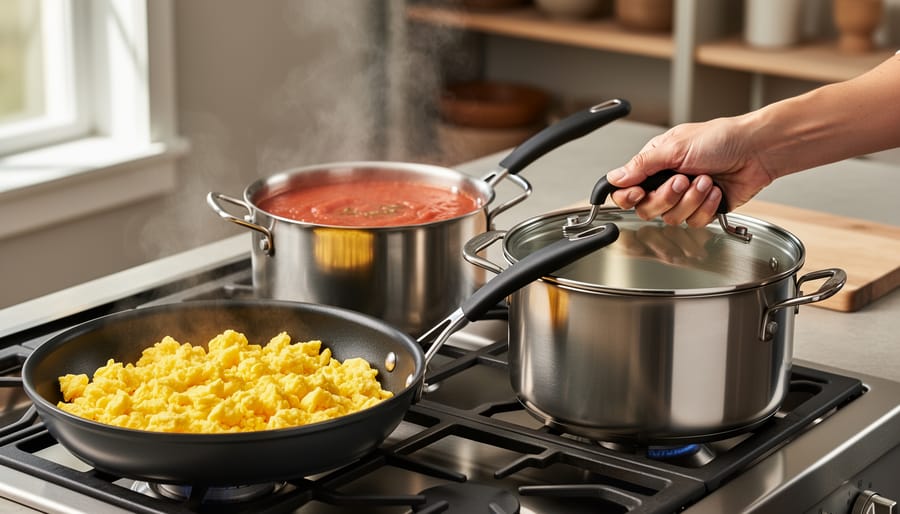 Three essential pans on a home stovetop—a nonstick skillet with scrambled eggs, a stainless steel saucepan simmering tomato sauce, and a large stockpot steaming—while a cook’s hand grips the nonstick handle under soft natural light with blurred kitchen shelves behind.