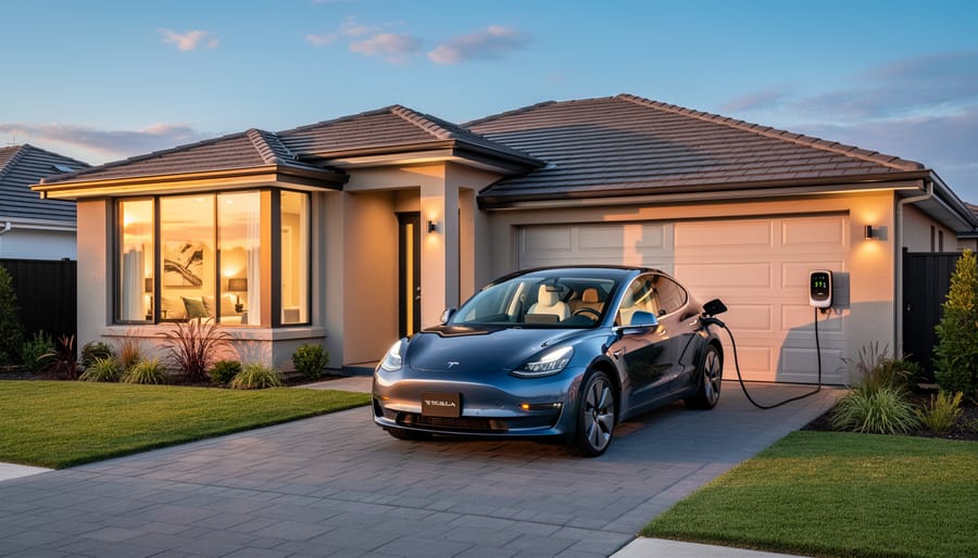 Electric vehicle parked in residential driveway with home charging station visible in garage