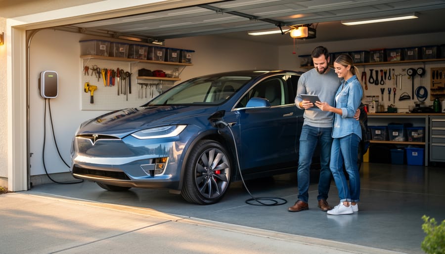 Couple reviewing a tablet beside an electric crossover plugged into a wall-mounted charger in a suburban garage at golden hour, with tools and storage softly blurred in the background.