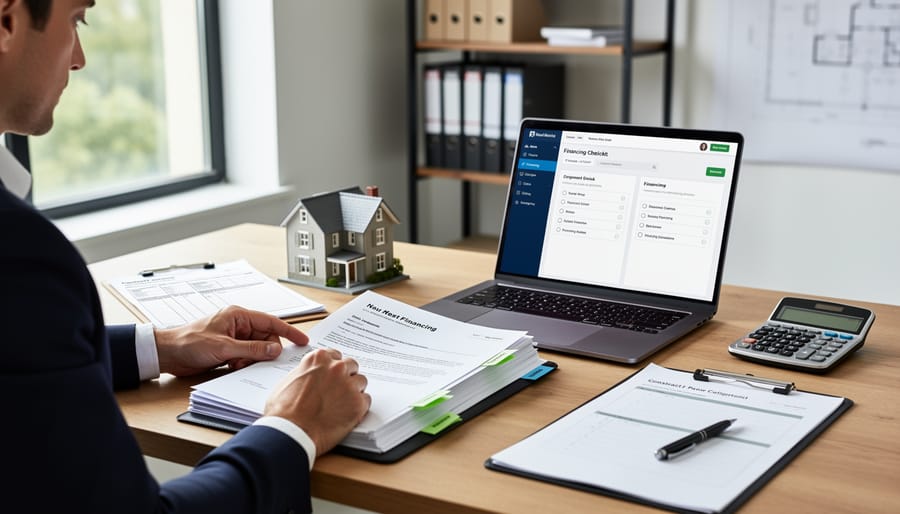 Person reviewing home financing documents with house model and calculator on desk