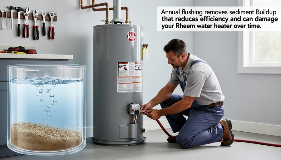 Sediment-filled water draining from water heater tank into collection bucket