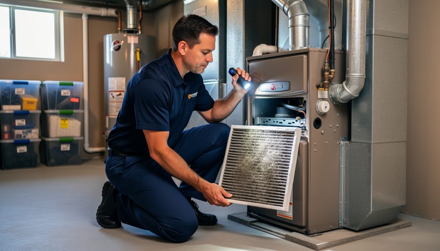 HVAC technician kneels beside a modern gas furnace, sliding out a dirty air filter and inspecting with a flashlight in a tidy basement with clear space around the unit; toolbox and ductwork softly blurred.