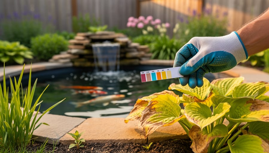 Gloved hand holding a water test strip above yellowing hosta leaves next to a small backyard pond with a running waterfall filter; koi faintly visible with sunlit stones and a blurred garden fence and perennials in the background.