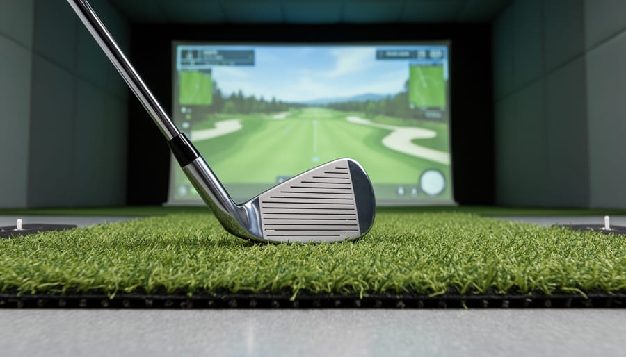Close-up of golf hitting mat surface showing realistic turf texture and club interaction marks