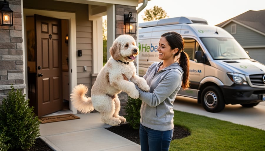 Happy freshly groomed white dog on home porch with owner after mobile grooming service