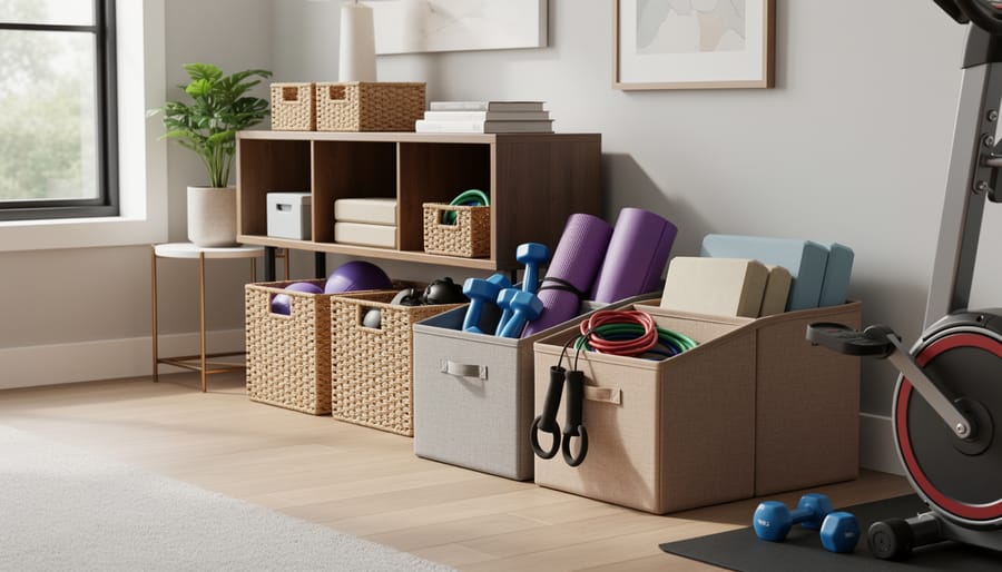 Decorative storage baskets containing organized fitness accessories and small equipment