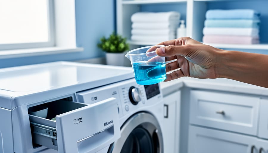 Hand pours a small cap of blue liquid detergent into the drawer of a sleek front-loading washing machine in a bright laundry room, with folded towels and a plant softly blurred in the background.