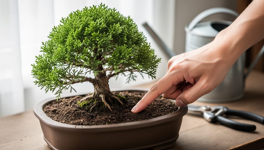Close-up of a juniper bonsai in a shallow ceramic pot with a hand pressing the topsoil to check moisture, lit by soft window light, with a blurred watering can, pruning shears, and sheer curtains in the background.