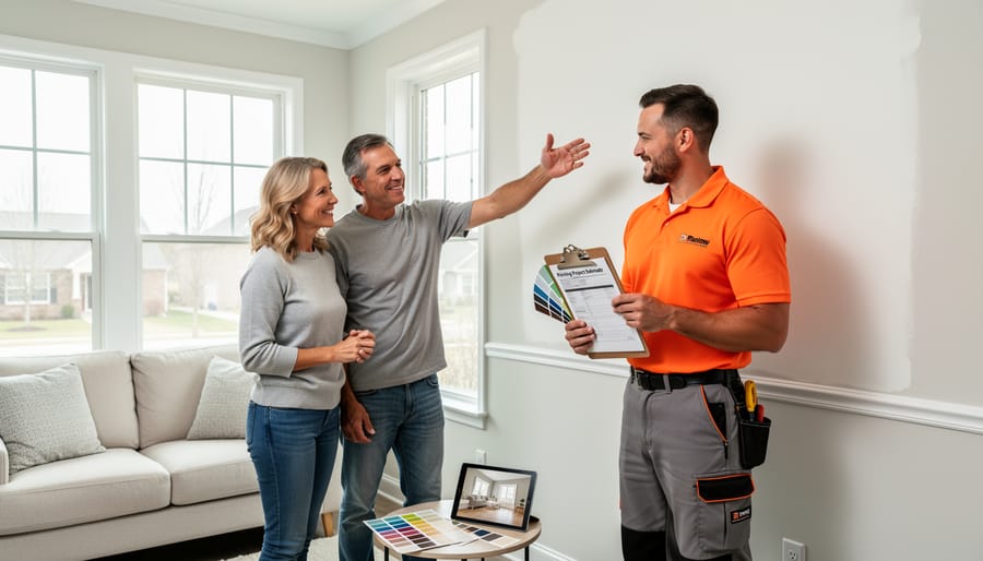 Painting contractor and homeowner discussing color options during in-home consultation