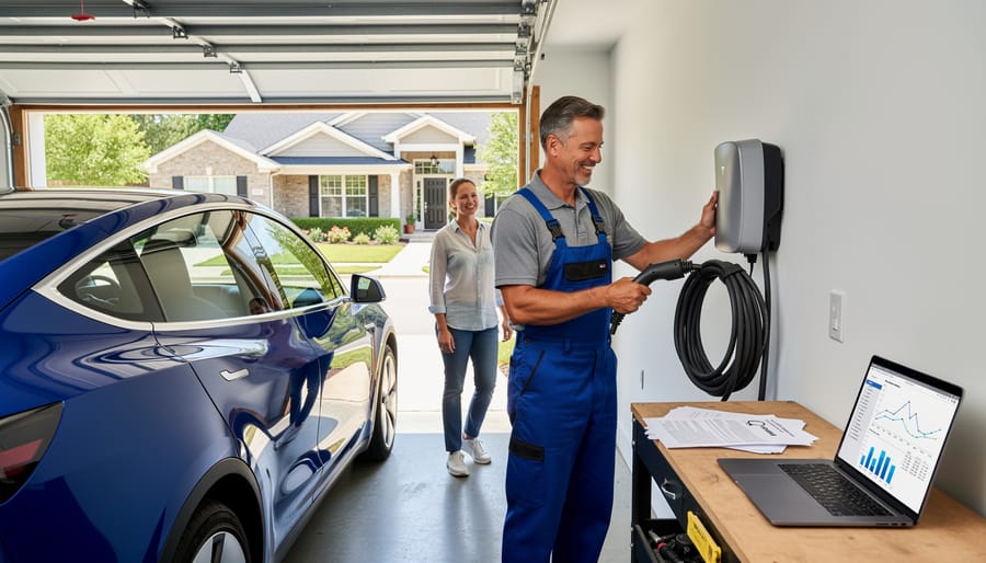 Electrician installing electric vehicle charging station in residential garage