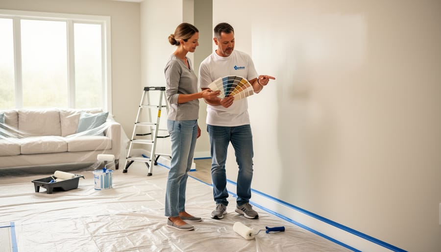 Professional painter and homeowner discussing paint colors in a prepped living room with taped trim, drop cloths, ladder, and paint rollers under soft natural light.