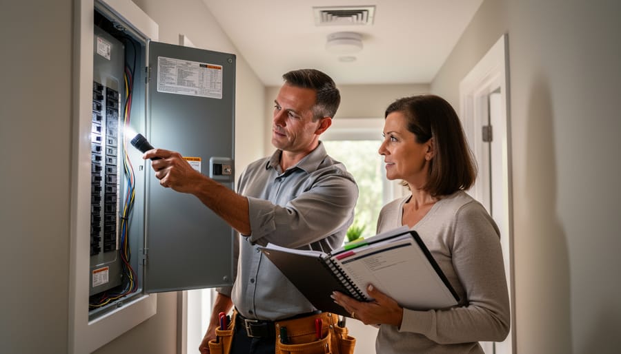 Homeowner and inspector examining an open electrical panel in a bright hallway, with a smoke detector and HVAC vent softly blurred in the background, conveying home safety compliance.