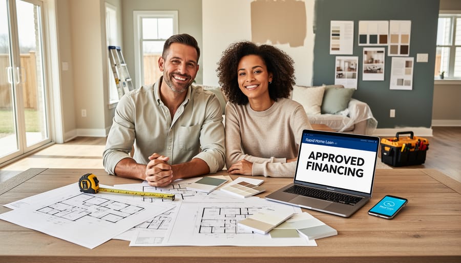 Couple reviewing home renovation plans and design samples at kitchen counter
