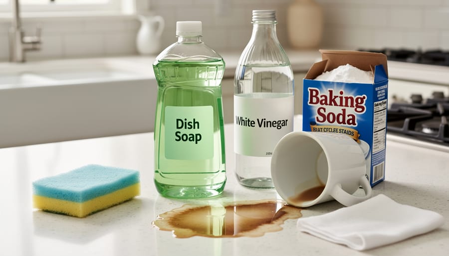 Overhead view of coffee stain removal supplies including vinegar, dish soap, and baking soda