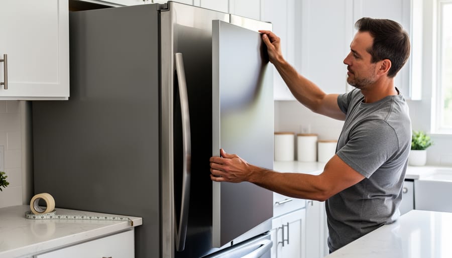 Hands holding decorative magnetic cover sheet ready for appliance installation