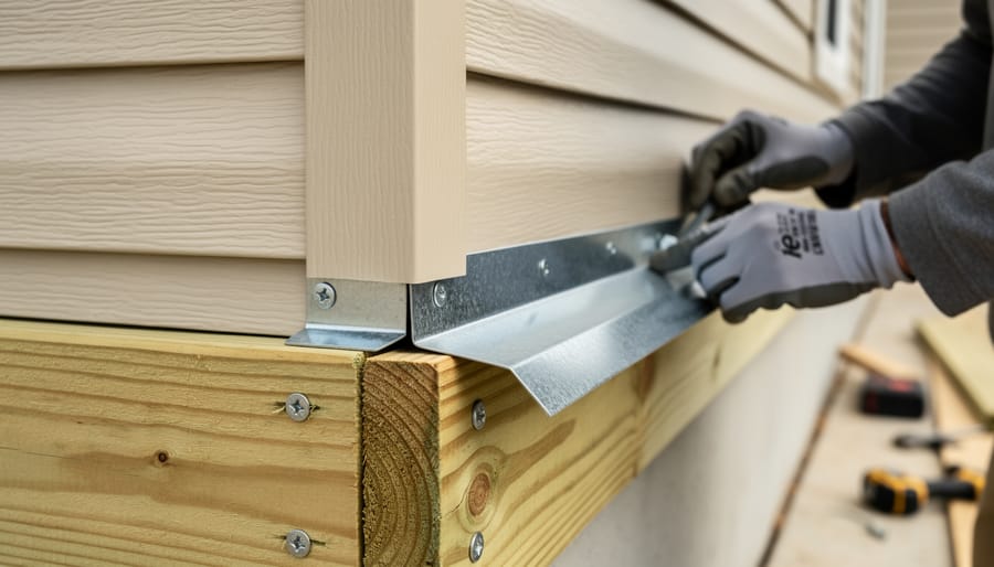 Contractor installing Z-flashing between vinyl siding and deck ledger board