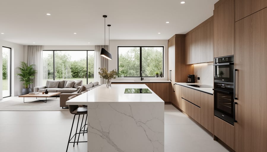 Kitchen island with seating acting as divider between open kitchen and living room