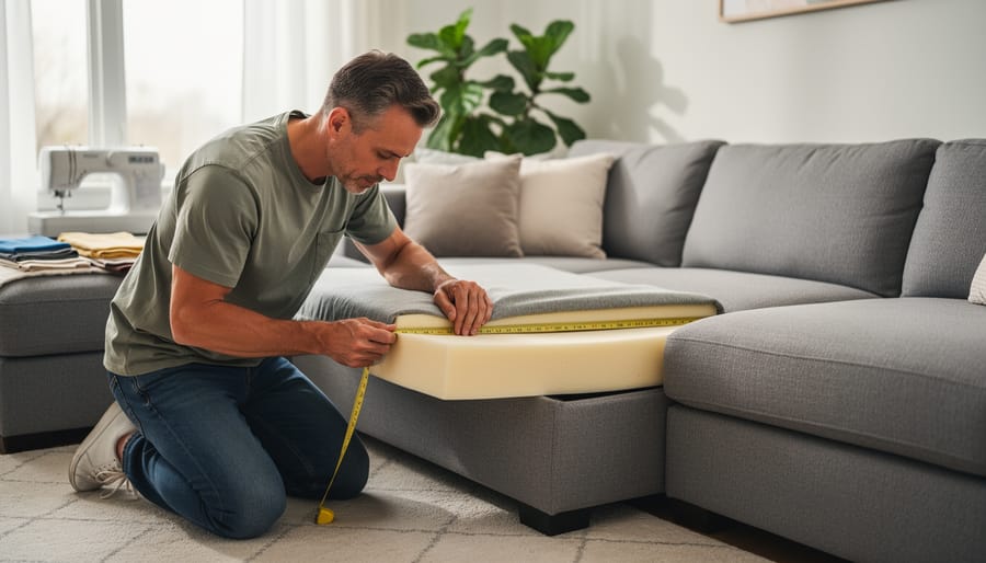 Person kneeling by an L-shaped sectional sofa, measuring a seat cushion and fitting a new foam insert, chaise portion visible, with soft natural light and a blurred background showing a sewing machine, fabric swatches, and houseplants.