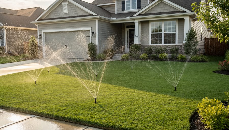 Healthy green residential lawn with modern house showing improved property value from irrigation system