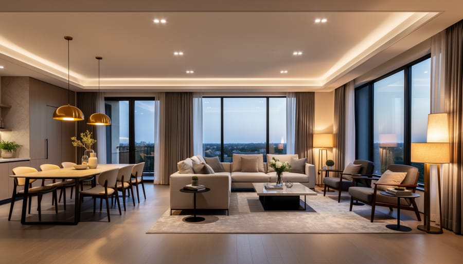 Layered lighting design in open-concept space with pendant lights and ambient fixtures