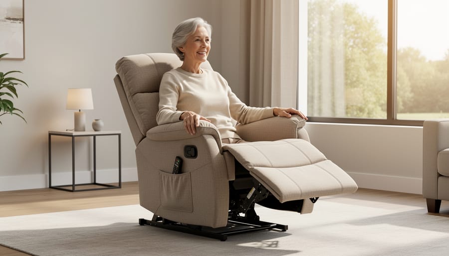 Elderly couple using lift recliner chair in comfortable living room