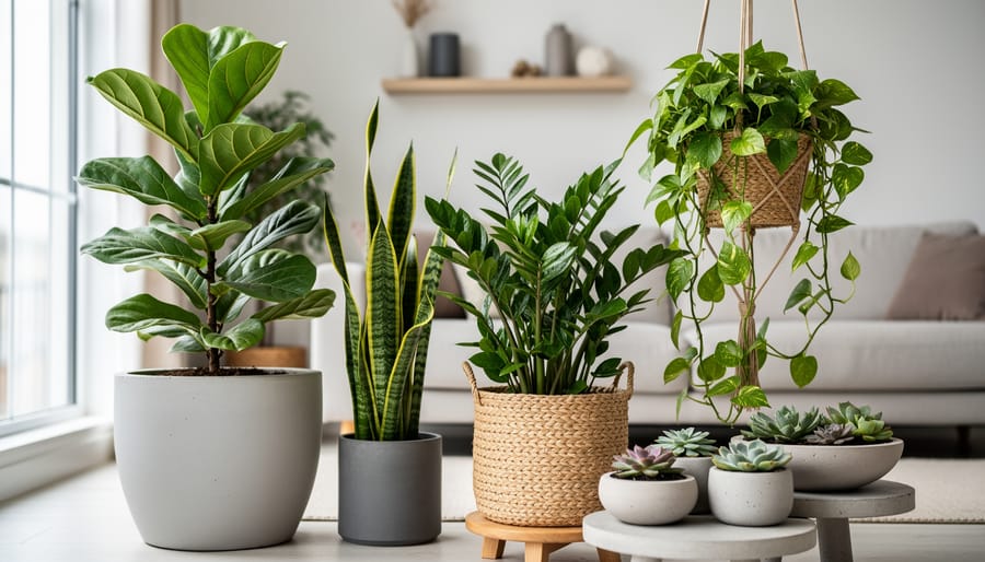 Eye-level photo of a modern living room corner with five indoor plants—fiddle leaf fig, snake plant, ZZ plant, trailing pothos, and small succulents—displayed at varied heights in concrete and woven planters, softly lit by a side window with a neutral sofa and shelves in the background.