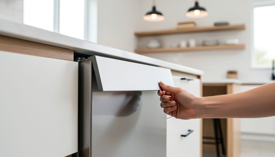 Hand lifting a slim magnetic cabinet-matching panel from a dishwasher in a bright modern kitchen, revealing the stainless door, with blurred island, shelves, and pendant lights in the background