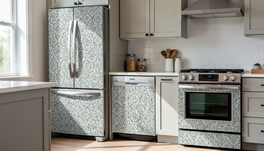 Kitchen appliances with white marble-patterned magnetic covers creating unified aesthetic