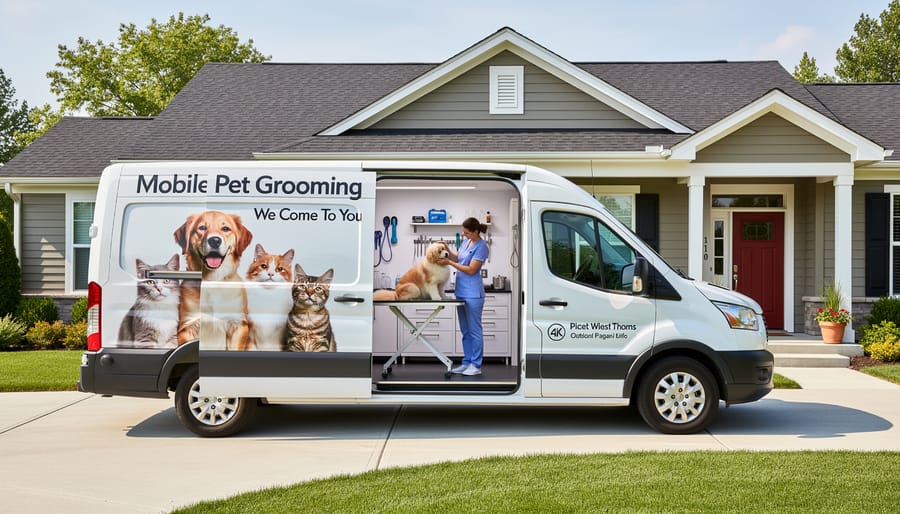 Professional mobile pet grooming van parked in residential driveway with open door showing salon interior