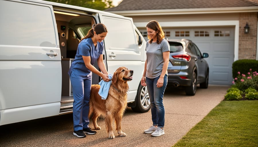 Unbranded mobile grooming van in a suburban driveway where a groomer dries a golden retriever at the open doorway while the owner watches, with the house and landscaping softly blurred.
