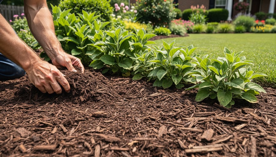 Gardener's hands spreading mulch around garden plants for weed prevention