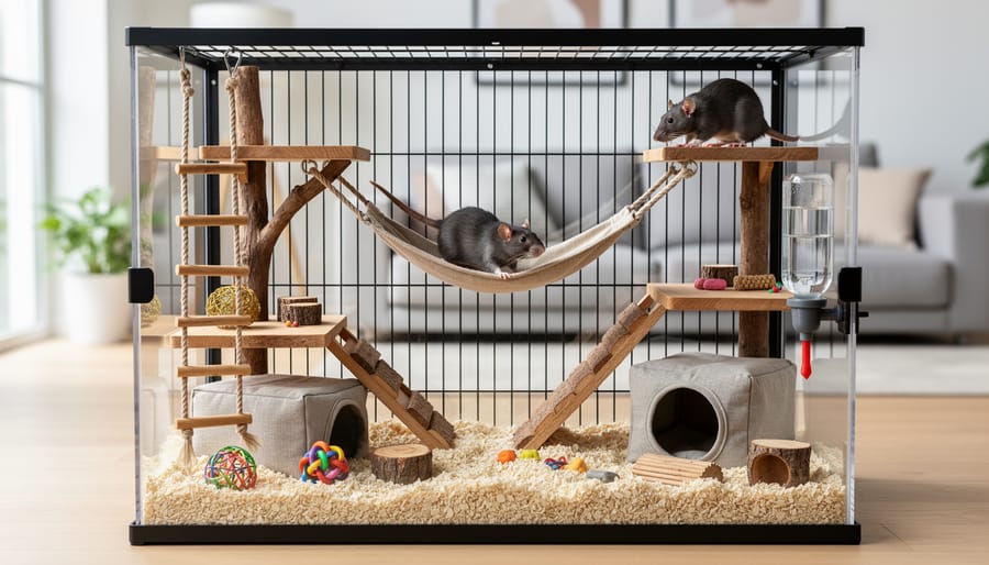 Two pet rats exploring wooden platforms and ladders in a vertical multi-level cage setup