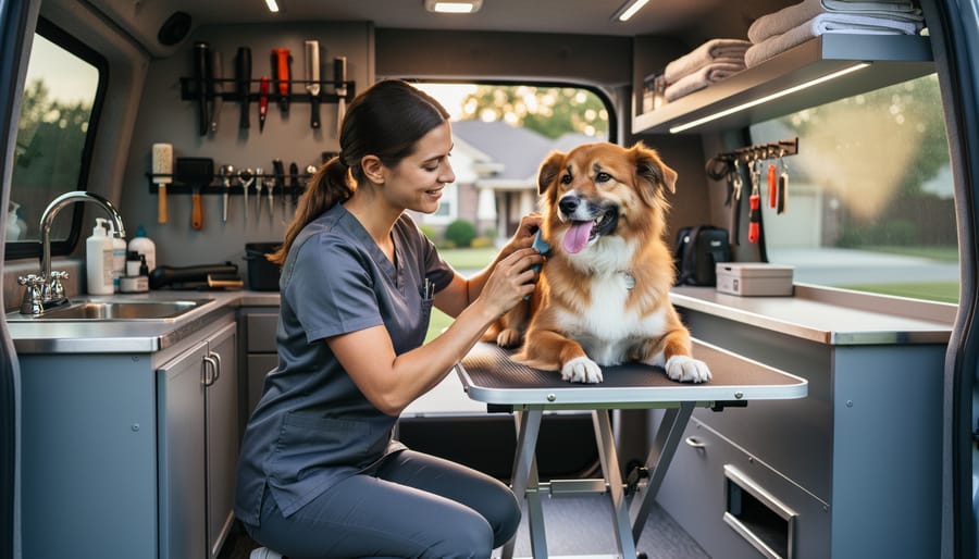 Professional groomer bathing golden retriever inside mobile grooming van with gentle care
