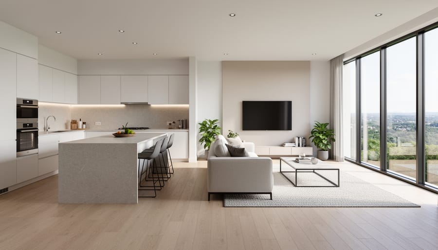 Modern open-concept kitchen and living room with natural lighting and contemporary furnishings