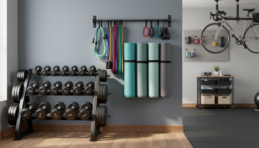 Neatly organized home gym with a wall-mounted track holding resistance bands, jump ropes, and yoga mats beside a multi-tier dumbbell rack with plate storage, lit by soft daylight, with a blurred pegboard, rolling cart, and ceiling-hoisted bike in the background.