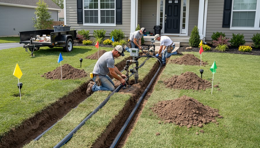 Professional installer digging irrigation trenches in residential lawn for sprinkler system installation