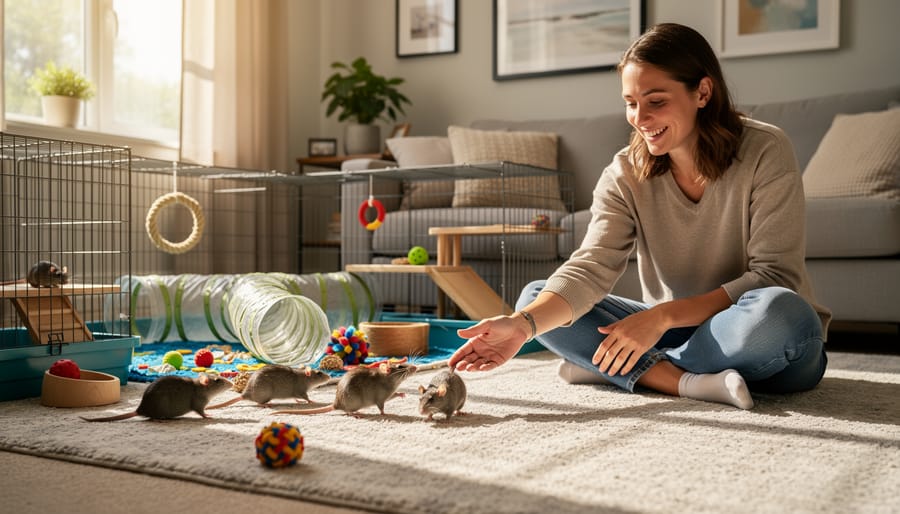 Pet rats enjoying supervised playtime on living room floor with toys in rat-proofed space