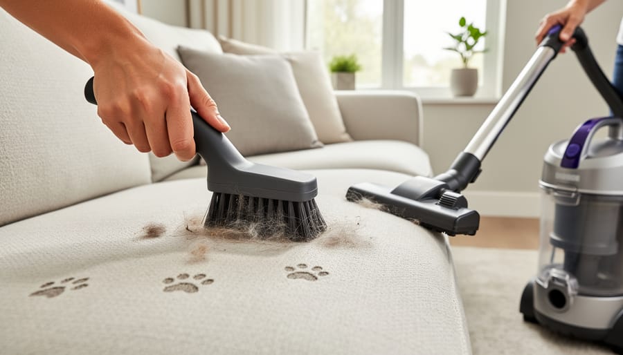 Rubber grooming brush removing pet hair from car seat fabric