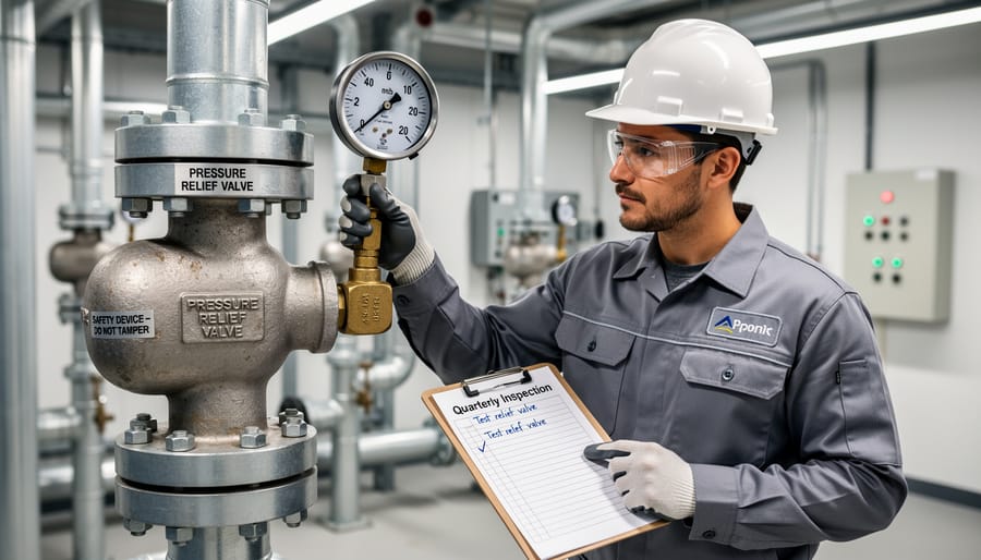 Homeowner's hand testing the pressure relief valve on a Rheem water heater