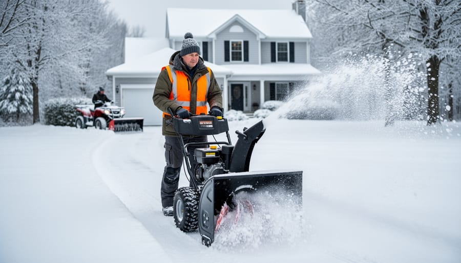 Homeowner using a two-stage snow blower to clear a long suburban driveway under bright overcast light, snow spraying in an arc, with a house, snow-covered trees, and an ATV plow near the garage in the background.