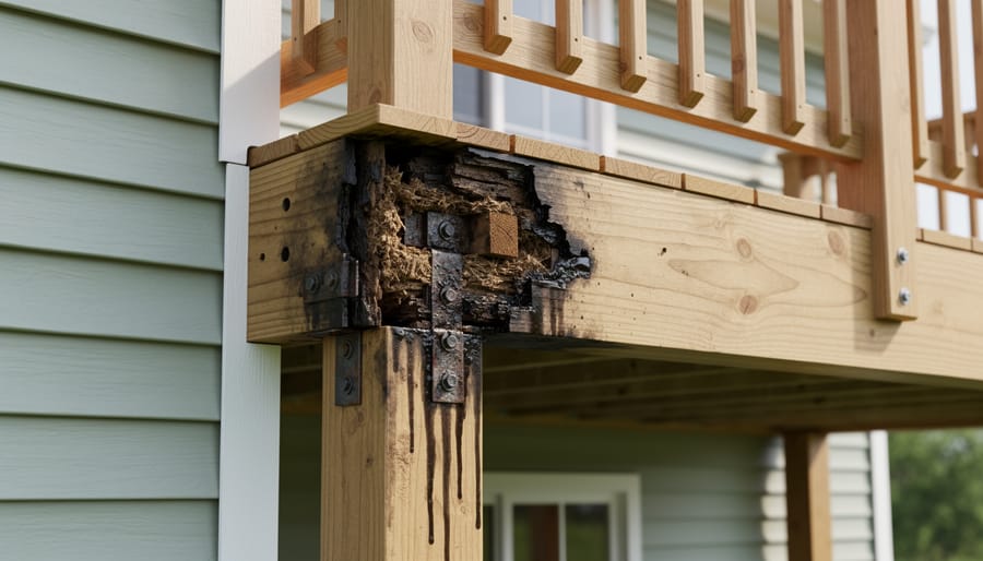 Damaged rotted wooden ledger board showing water damage from lack of proper flashing