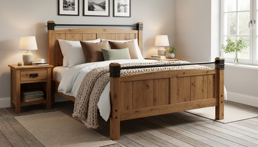 Rustic wooden bed frame with wrought iron details in cozy bedroom setting