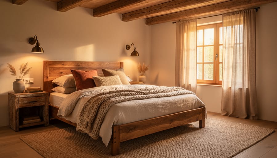 Rustic bedroom with reclaimed wood headboard, natural linen bedding, and chunky knit throw blanket