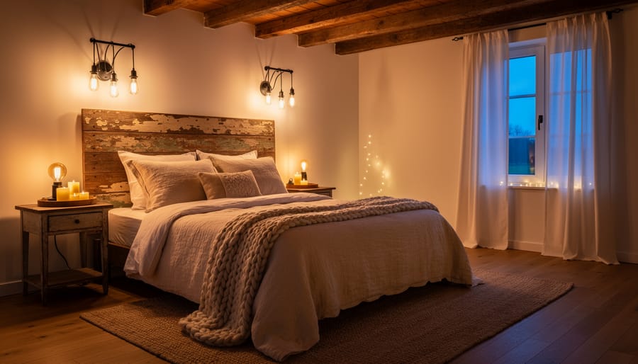 Rustic bedroom lighting featuring Edison bulb pendants and wrought iron chandelier with warm glow