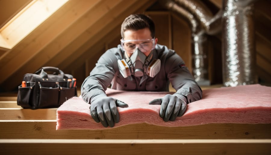 Person wearing long sleeves, gloves, safety goggles, and a respirator placing a pink fiberglass batt between attic floor joists under soft daylight, with rafters, ductwork, and tools softly blurred in the background.