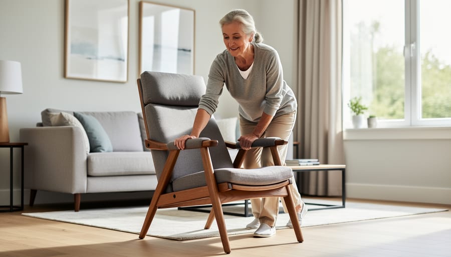 Senior woman sitting comfortably in ergonomic chair with supportive armrests